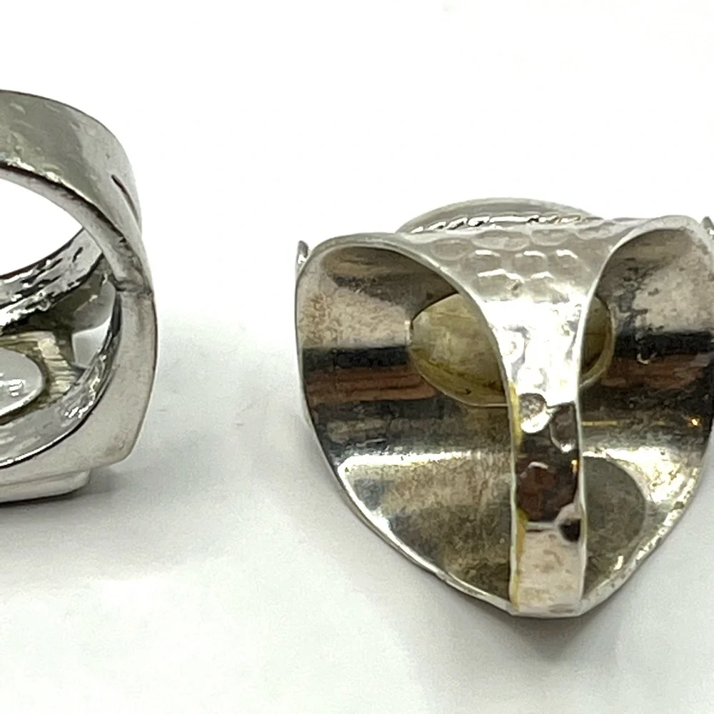 Three Silver Tone Rings with White/Opalescent Stones - Stackable Set